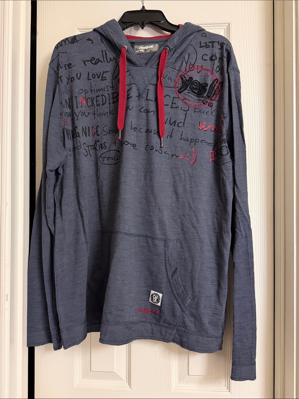 Desigual Men's Slate Blue Hoodie with Red Accents and Graphic Script